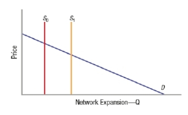 (Figure: Network Goods and Fixed Capacities) The graph represents a small network with a fixed capacity. If capacity decreases from S<sub>1</sub> to S<sub>0</sub>, D rotates downward, and price decreases.   