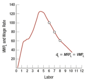 (Figure: Market Wages and Labor Demand)  Based on the figure, if the market wage is $100, the firm will employ _____ workers.   A)  four B)  six C)  seven D)  eight 