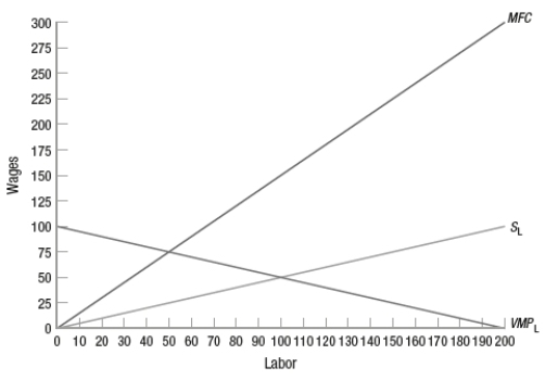 (Figure: Labor Monopsony)  The monopsony in the input market (as shown in the graph) , which is also a competitive firm in the product market, would hire _____ workers.   A)  100 B)  50 C)  200 D)  30