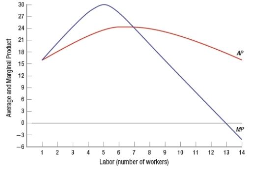 (Figure: Production of Bowling Balls)  Based on the figure, the firm experiences diminishing returns to labor after _____ workers and negative returns after _____ workers.   A)  2; 7 B)  7; 10 C)  4; 5 D)  5; 7