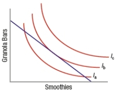 Which indifference curve(s)  exhibit the highest possible satisfaction that can be achieved given the budget line shown?   A)  indifference curve I<sub>a</sub> B)  indifference curve I<sub>b</sub> C)  indifference curve I<sub>c</sub> D)  indifference curves I<sub>a</sub> and I<sub>b</sub>