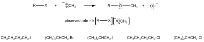 The rate law for this reaction is shown. Draw a circle around the alkyl halide that would have the highest value for the rate constant, k. underline the alkyl halide with the lowest value for k.   