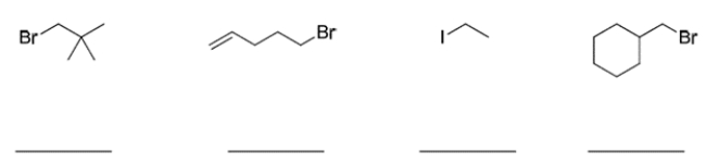 Rank the compounds in order of greatest reactivity to the S<sub>N</sub>2 reaction, where 1 is the most reactive and 4 is the least reactive.   