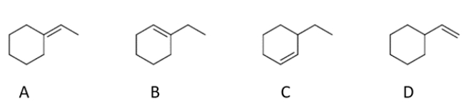 What are the two products that form during an E2 reaction on (1-bromoethyl) -cyclohexane?     A)  compound A B)  compound B C)  compound C D)  compound D