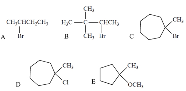 Which compound will undergo the fastest S<sub>N</sub>1/E1 reaction in methanol, a protic solvent?   A)  compound A B)  compound B C)  compound C D)  compound D E)  compound E