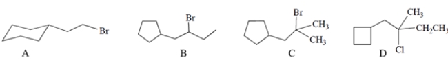 Which of these compounds will undergo the most rapid solvolysis reaction in methanol? (No base is added.)    A)  compound A B)  compound B C)  compound C D)  compound D