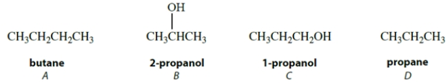 Arrange these compounds in order of increasing boiling point (lowest boiling point first) .   A)  A < B < C < D B)  B < C < D < A C)  D < A < C < B D)  D < A < B < C