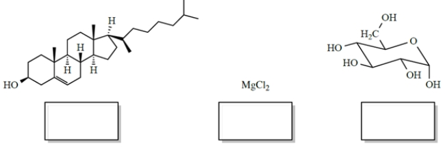 In each case, identify the better solvent for dissolving the compounds. Choose between H<sub>2</sub>O (ε = 78) or benzene (ε = 2.3). (Benzene is a six-carbon cyclic hydrocarbon.)   