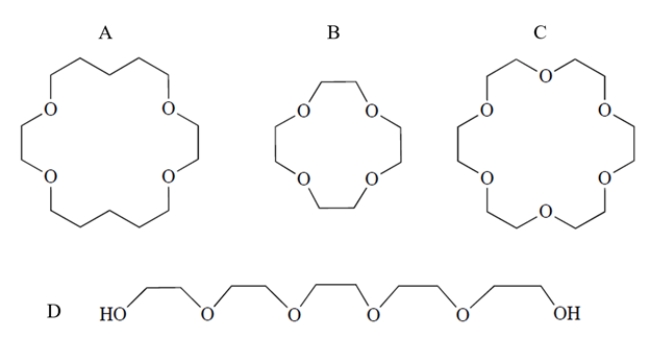 Which compound would form the strongest complex with potassium ion?   A)  compound A B)  compound B C)  compound C D)  compound D