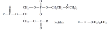 Until the FDA rescinded the permit for its use in 2002, perflubron, a mixture of 1-bromoperfluorooctyl bromide [CF<sub>3</sub>(CF<sub>2</sub>)<sub>6</sub>CF<sub>2</sub>Br] and 1-bromoperfluoroodecyl bromide [CF<sub>3</sub>(CF<sub>2</sub>)<sub>8</sub>CF<sub>2</sub>Br], was being investigated for possible use as artificial blood during surgery. Perflubron dissolves substantial amounts of oxygen; a mouse can breathe when submerged in oxygenated perflubron. Perflubron is completely insoluble in water. To make it compatible with the aqueous biological environment, it had to be suspended in water in such a way that it would form an emulsion and not separate into layers. (In an emulsion, water-insoluble substances are suspended as small particles that do not form a separate layer.) Addition of lecithin, a phospholipid from egg yolks, met this objective.    Explain the action of lecithin. As part of your explanation, use a diagram to propose a general structure of a perflubron-containing particle.