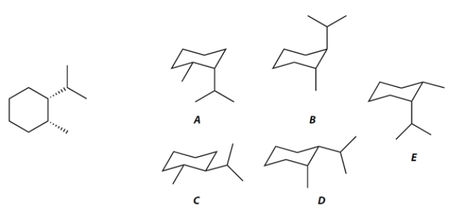 The two conformations of the hydrocarbon given in planar form at the left are compound ________________ and compound ________________.    The more stable conformation of these two is compound ________________.