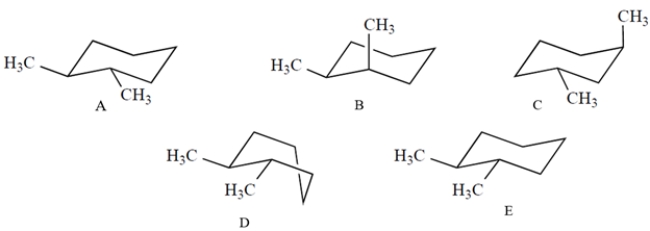 Which one of these structures is a properly drawn chair conformation of trans-1,2-dimethylcyclohexane?   A)  compound A B)  compound B C)  compound C D)  compound D E)  compound E