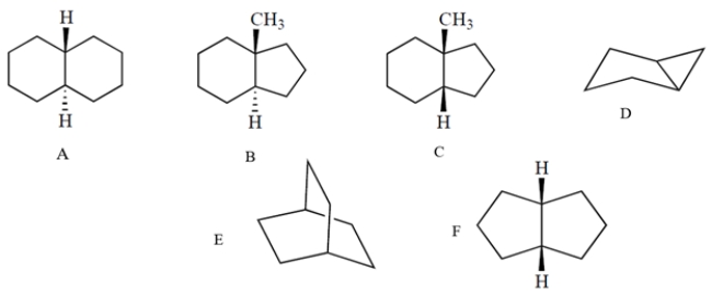 Which one of these molecules can readily undergo the chair-to-chair interconversion ( chair flip ) ?   A)  compound A B)  compound B C)  compound C D)  compound D E)  compound Ef.  compound F