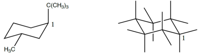 Fill in the chair template to show the ring flipped conformation of the structure on the left, numbering the carbons in the ring clockwise from the carbon labeled  1  (include hydrogens). Then circle the conformation that is the more stable.   