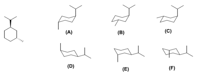 Examine the chair conformations A-F for the structure on the left.    The two correct conformations of the hydrocarbon shown in the line and wedge form are compound ________________ and compound ________________. Of the two compounds you identified, compound ________________ is more stable.