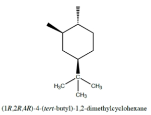 For the structure:    Fill in the bonds and group structures that show the positions of the three functional groups (two methyl groups and a tert-butyl group) using the templates for the chair and the 'flipped' chair conformations provided. You do not need to include hydrogens. Use the ring numbering as indicated.   