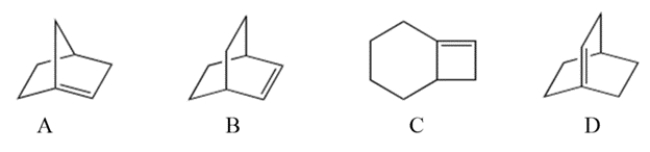 Select the bridged bicyclic compound with the formula C<sub>8</sub>H<sub>12</sub> that violates Bredt's rule.   A)  compound A B)  compound B C)  compound C D)  compound D