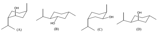 Limonene is a precursor to the biosynthesis of menthol-a component of peppermint oil. The structure of the levorotatory enantiomer of menthol is given.   Which structure represents the dextrorotatory enantiomer of menthol?   A)  compound A B)  compound B C)  compound C D)  compound D