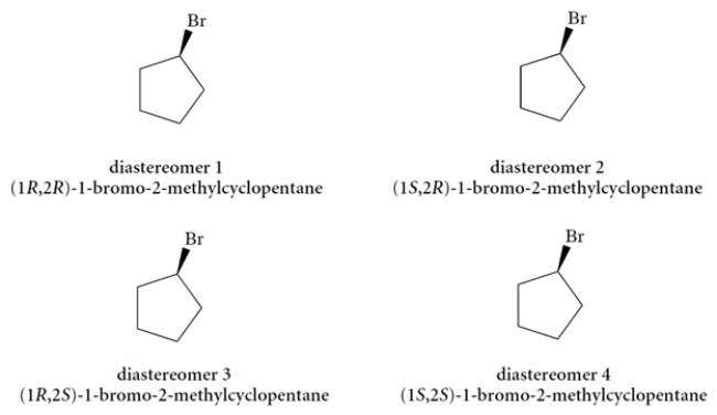 Using the templates provided, draw the four possible diastereomers of 1-bromo-2-methylcyclopentane. (You must add the methyl group at a carbon adjacent to the bromine with wedge or dashed wedge bond, as appropriate.)  <div style=padding-top: 35px> 