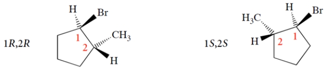 You first must realize that the R or S configuration of carbon 1 is changed by moving the methyl from one adjacent carbon to the other. Thus, we have:   This is equivalent to interchanging two groups-in this case, the ring bonds-to the asymmetric carbon. Next, pick a configuration for carbon-2 and see what it is. We'll pick the easiest one, with the methyl up.   We simply switch the methyl and hydrogen positions at carbon 2 to give the other two stereoisomers.   So, on your paper, the structures should be as follows. (You don't have to show the Hs, as they are assumed to have opposite stereochemistry to the Br or CH<sub>3</sub> on the same carbon.)  