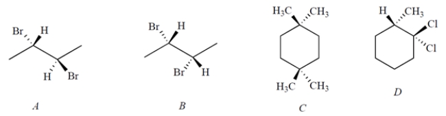 Which of the following structures represents a meso compound?   A)  compound A B)  compound B C)  compound C D)  compound D E)  none of these compounds