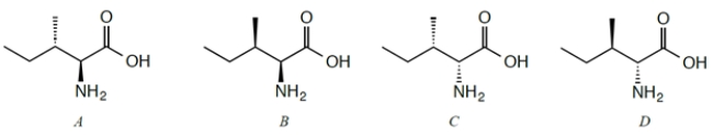 Four stereoisomers of the naturally occurring amino acid isoleucine are given. L-Isoleucine is the stereoisomer with the 2S,3S configuration. Which configurations are diastereomers of L-Isoleucine?   A)  compound A B)  compound B C)  compound C D)  compound D