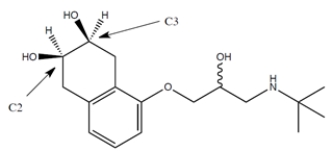 The structure of the beta-blocker drug Nadolol is given. For the two non-racemic stereocenters, C2 and C3 (labeled), please give the absolute configuration of each.   