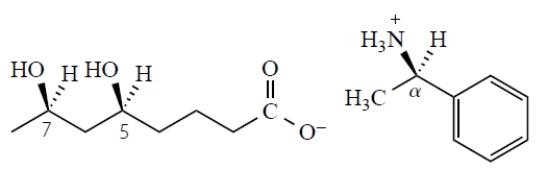 What is the stereochemistry of the stereoisomeric salt that has the same melting point as this salt? (The numbers refer to the carbons whose stereochemistry is given below.)    A)  5S,7S,<font face= symbol ></font>R B)  5S,7S,<font face= symbol ></font>S C)  5S,7R,<font face= symbol ></font>R D)  5R,7S,<font face= symbol ></font>S E)  5R,7S,<font face= symbol ></font>Rf.  5R,7R,<font face= symbol ></font>S
