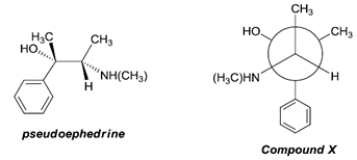 The structure of pseudoephedrine, a common decongestant, is shown below. Compare the structure of pseudoephedrine with the Newman projection of compound X. The relationship between pseudoephedrine and compound X is   A)  identical B)  enantiomers C)  diastereomers D)  constitutional isomers