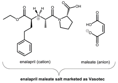 Vasotec, a drug prescribed to treat hypertension, is a salt of enalapril cation and maleate anion.    a. What is the number of asymmetric centers in Vasotec? b. What is the number of stereocenters in Vasotec? c. There are multiple asymmetric centers in Vasotec. Mark an asymmetric center in the structure of Vasotec above with an asterisk (*). What is the configuration of the asymmetric center you have identified (R/S)? d. What is the configuration of the double bond in maleate anion (E/Z)?