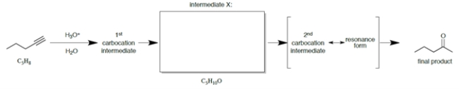 Consider the scheme.    a. Draw the structure of intermediate X, which has the formula shown under in the box provided. b. What special kind of functional group is present in intermediate X? c. What special kind of functional group is present in the product?