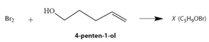 A student allowed an alcohol, 4-penten-1-ol, to react with Br<sub>2</sub>, expecting to observe a simple addition of Br<sub>2</sub> to the double bond. Instead, she isolated a compound X that proved to have the formula C<sub>5</sub>H<sub>9</sub>OBr. The reaction mixture from which X was isolated was very acidic.    Using mechanistic reasoning, including the curved-arrow notation, propose a structure for compound X. Show your logic at every step of the way! Your answer should explain why the reaction mixture became acidic.