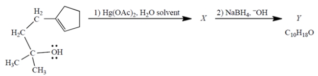 Consider the reaction, in which X is a stable, mercury-containing compound (not a reactive intermediate). Compound Y does not react with either Br<sub>2</sub>, H<sub>2</sub>/catalyst, or ozone.    a. What do you deduce about the structure of Y solely from its formula and the reactivity (or  unreactivity ) data give? Explain briefly. b. Use mechanistic reasoning to deduce the structure of X. Use the curved-arrow notation; show all relevant unshared pairs and charges. Then, using what you know about step (2)-no mechanisms!-deduce the structure of the product Y.