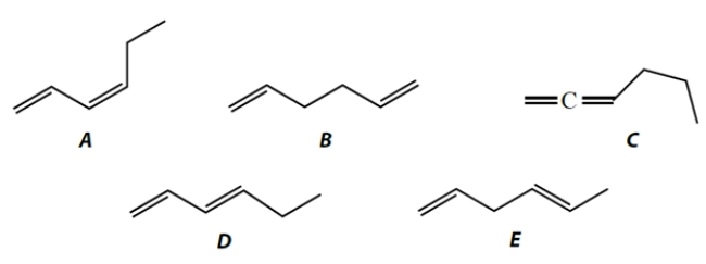 Which of these alkenes has the smallest (or more negative)  heat of formation?   A)  Compound A B)  Compound B C)  Compound C D)  Compound D E)  Compound E