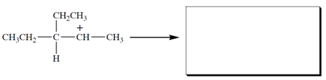 This carbocation undergoes rearrangement. Give the structure of the rearranged carbocation and, on the structure given, the curved-arrow notation for the rearrangement.   