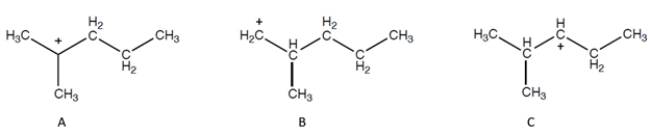 Identify the most stable carbocation:   A)  carbocation A B)  carbocation B C)  carbocation C