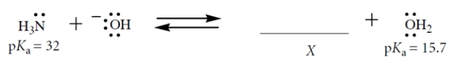 Consider this Brønsted acid-base equilibrium:    1. Fill in the structure of X; show formal charge and all valence electrons. 2. What is K<sub>eq</sub> for this reaction for the left-to-right direction? 3. If the reaction starts out with 1 M NaOH and 0.5 M NH<sub>3</sub> in the solvent water (55.5 M), which species (other than water) is present in the highest concentration at equilibrium?