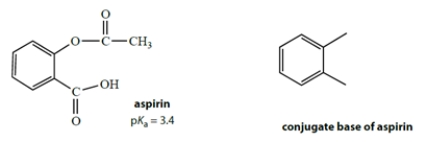 Aspirin has the structure on the left with a pK<sub>a</sub> of 3.4.    ​a. Complete the structure on the right for the conjugate base of aspirin. b. In a large excess of stomach acid at pH = 2, calculate the fraction of aspirin that is ionized (to 2 significant figures).
