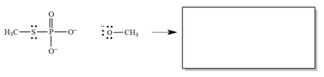 In the reaction, CH<sub>3</sub>O<sup>−</sup> acts as a nucleophile, the phosphorus as an electrophilic center, and CH<sub>3</sub>S as a leaving group. (Don't be concerned that phosphorus has more than an octet of electrons-that's allowed, and it's irrelevant to the problem.)    a. In the equation, draw the curved arrows for the process described. b. In the box, draw the products of the reaction. Don't forget formal charges.