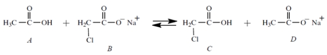 Equal amount of compounds A and B (0.01 mol each)  are dissolved together in 1 L of water, and this equilibrium is established:   What are the major species in solution at equilibrium? (Select all that apply)  A)  Compound A B)  Compound B C)  Compound C D)  Compound D