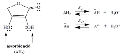 Ascorbic acid (Vitamin C) is a diprotic acid with two pK<sub>a</sub> values; pK<sub>a1</sub> = 4.2 and pK<sub>a2</sub> = 11.6. The two acidic groups are the two -OH groups, indicated by arrows in the structure. If we let AH<sub>2</sub> represent ascorbic acid, its successive ionized species can be abbreviated by <sup>−</sup>AH and A<sup>2</sup><sup>−</sup>.    Draw the structure of <sup>−</sup>AH and its two resonance structures. Draw the curved arrow notation to convert each structure to the next. (Hint: In one structure, charge is delocalized into the C=O group.)