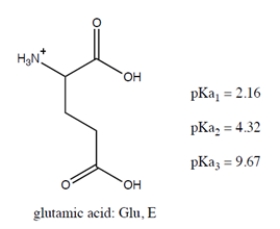 Below are the structure and individual functional group pK<sub>a</sub> values for the amino acid glutamic acid (abbreviated as Glu and/or E) .   Select all the true statement(s) : A)  At physiological pH (7.4) , all the carboxylic acid groups in Glu are dissociated. B)  At physiological pH (7.4) , none of the carboxylic acid groups in Glu are dissociated. C)  The net charge of Glu at pH 6 is +1. D)  The isoelectric point (pI)  of Glu is 5.38. E)  The isoelectric point (pI)  of Glu is 3.24.