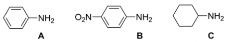 Rank the amines from most basic to least basic.   A)  A > B > C B)  C > B > A C)  C > A > B D)  B > A > C
