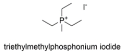 Give the structure of the nucleophile that would react with CH<sub>3</sub>I to give triethylmethylphosphonium iodide. Show any unshared electron pairs and charges, where applicable.   