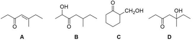 Which of these compounds could not have been prepared by an aldol addition/condensation reaction?   A)  compound A B)  compound B C)  compound C D)  compound D E)  compounds B and C