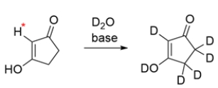 The deuterium exchange of the compound replaces all the protons. The hydrogen labeled with an asterisk is not normally acidic, as it cannot be resonance stabilized. Explain how this hydrogen is able to undergo a deuterium exchange.   