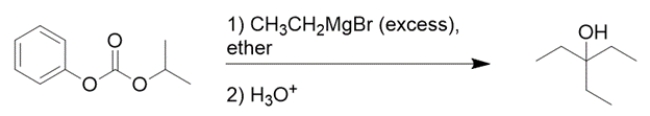 When the mixed carbonate below is treated with an excess of ethyl magnesium bromide, the indicated tertiary alcohol is formed in high yield. Write a detailed reaction mechanism for the first step of the reaction. Label  end of step 1  at the appropriate location. Indicate all organic products including by-products at the end of step 2.   