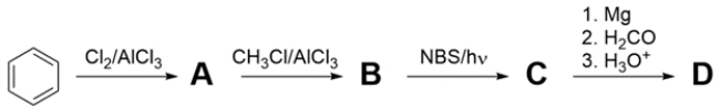 Provide structures for products A-D. The <sup>1</sup>H NMR spectrum of D is given.    ​   