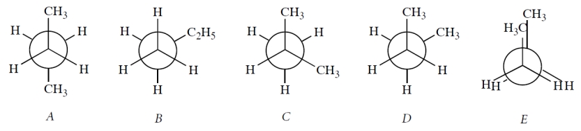 Select all Newman projections that are valid Newman projections for stable conformations of butane. ( Stable  means located at any energy minimum in a plot of energy vs. dihedral angle.) ​   