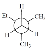 Consider the alkane, shown in a skeletal structure. Which of the Newman projections depicts one of the staggered conformations of this compound about the projected bond (arrow)  when viewed with the carbon marked with a * in the front?   ​ A)      B)      C)      D)     